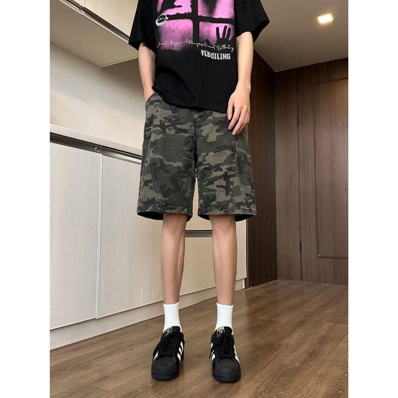 美式迷彩牛仔短裤男夏复古解构设计水洗工装五分裤小众百搭中裤子