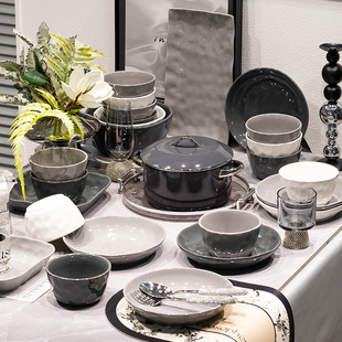黑白灰极简碗碟餐具套装 家用陶瓷碗盘饭碗组合厨具全套盘E18