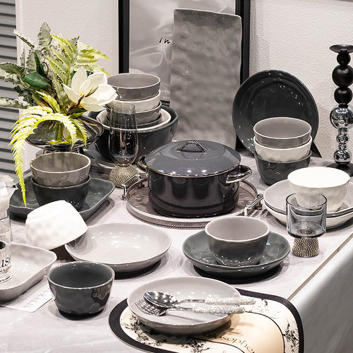 黑白灰极简碗碟餐具套装家用陶瓷碗盘饭碗组合厨具全套盘E18