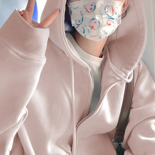 速发卫衣外套连帽加绒生厚开衫薄款拉链春粉色艺术加乖奶小个子