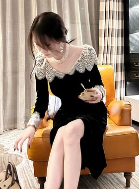 速发绒ood Job【邂金】黑色蕾丝复古丝G长袖连衣裙千逅宴会晚礼服