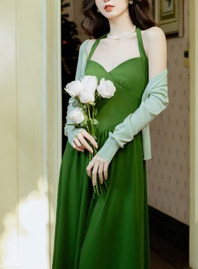 速发80年代复古港风装i绿色挂脖吊带连墨裙子v衣tage古着穿搭套装