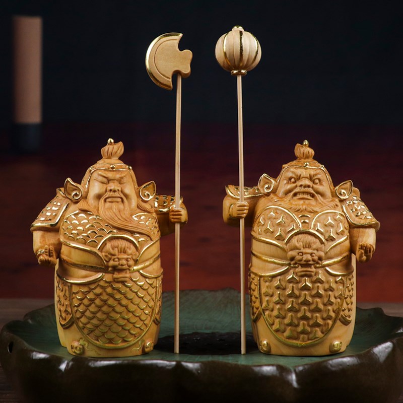 速发哈哼二将门桌黄杨木雕人物神像实木雕刻中式家居玄关镇宅神面
