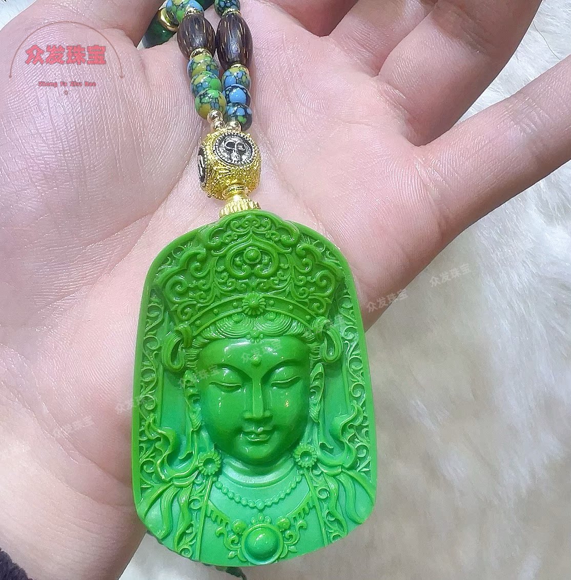 湖北菜籽黄高瓷绿松石观音吊坠牌铁线松石项链毛衣链民族风文玩