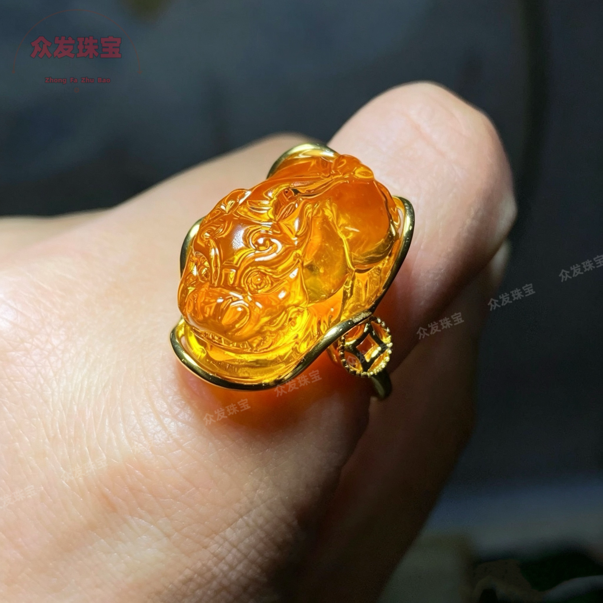 天然琥珀金珀貔貅戒指活口招财转运复古个性戒指男女款节日礼物