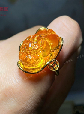 天然琥珀金珀貔貅戒指活口招财转运复古个性戒指男女款节日礼物