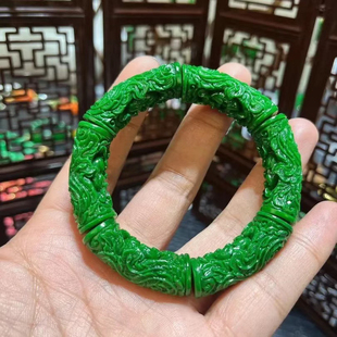 古玩干青祖母绿翡翠雕花圆条手镯牡丹花玉石天然玉镯子手串男女