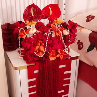 婚庆床头柜结婚装饰订婚花排仿真花中式婚礼假花路引花艺摆设布置