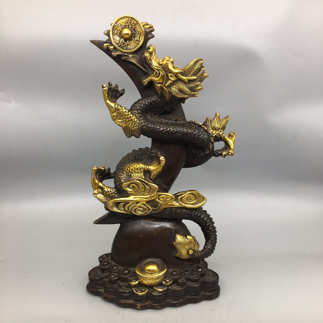 仿古铜盘龙柱摆件月亮 龙 元宝桌面装饰玄关办公室装饰品居家摆设