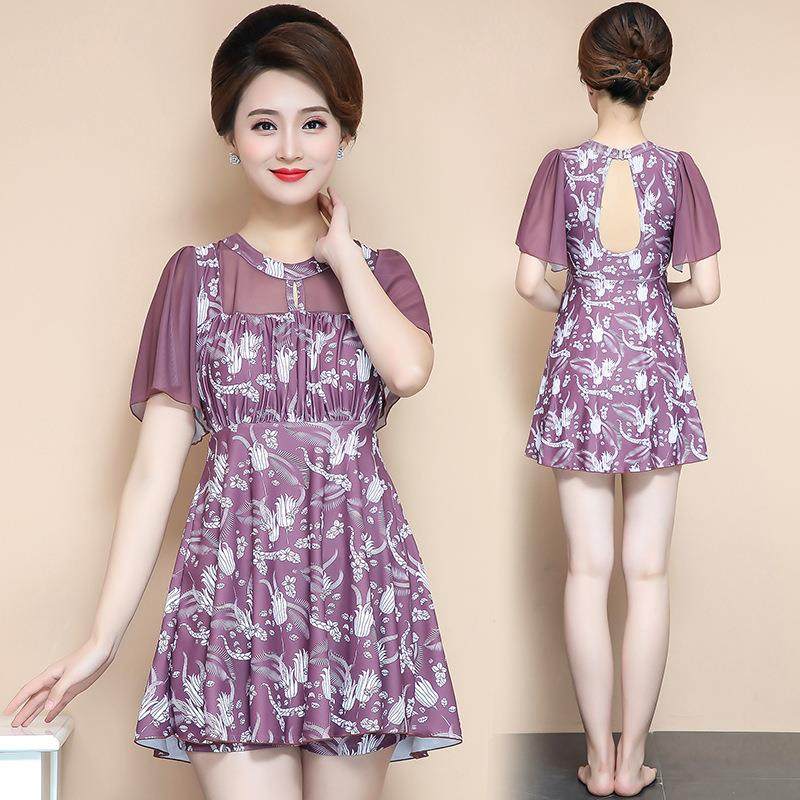 海波特妈妈泳衣中老年女保守遮肚显瘦连体裙式温泉款大码老人泳装