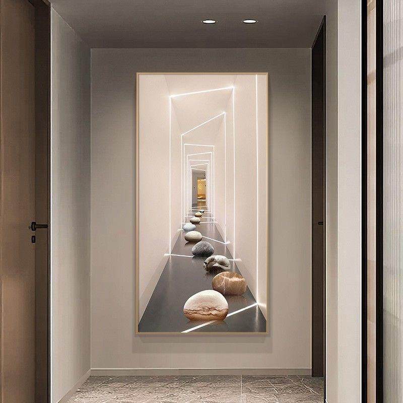 入户门玄关装饰画空间延伸几何现代简约挂画走廊尽头过道带灯壁画