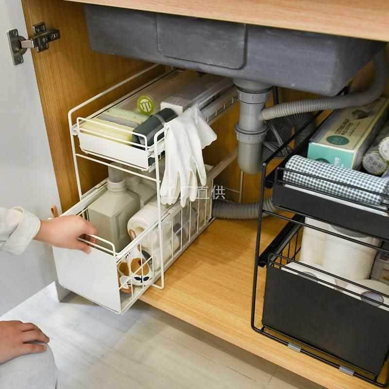 橱柜内拉篮抽屉式滑轨收纳免安装调料储物盒下水槽厨房推拉置