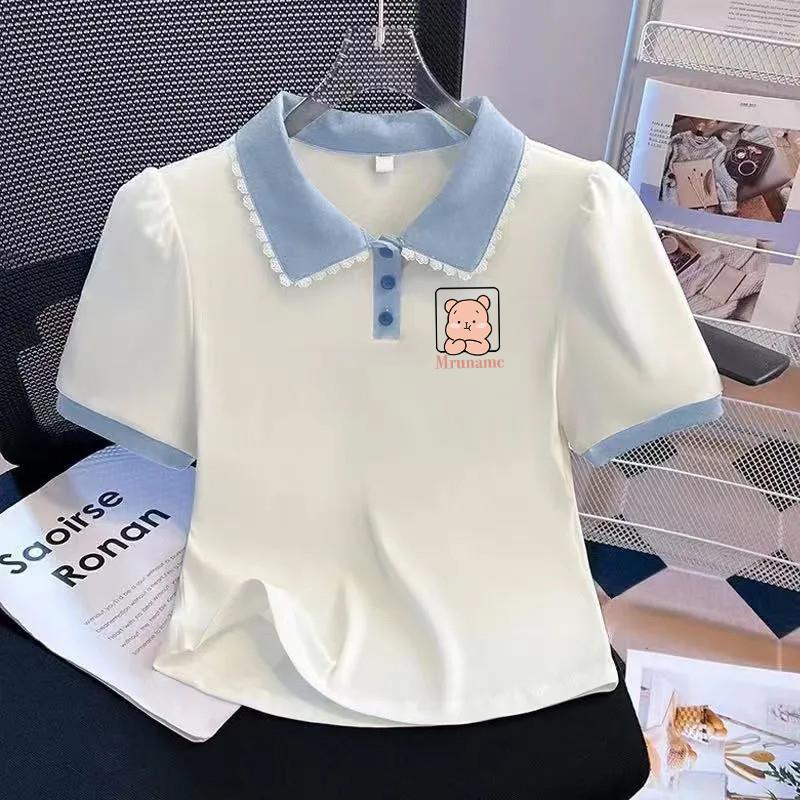 女大童蕾丝娃娃领短袖夏季学院风卡通POLO衫T恤女孩修身洋气上衣