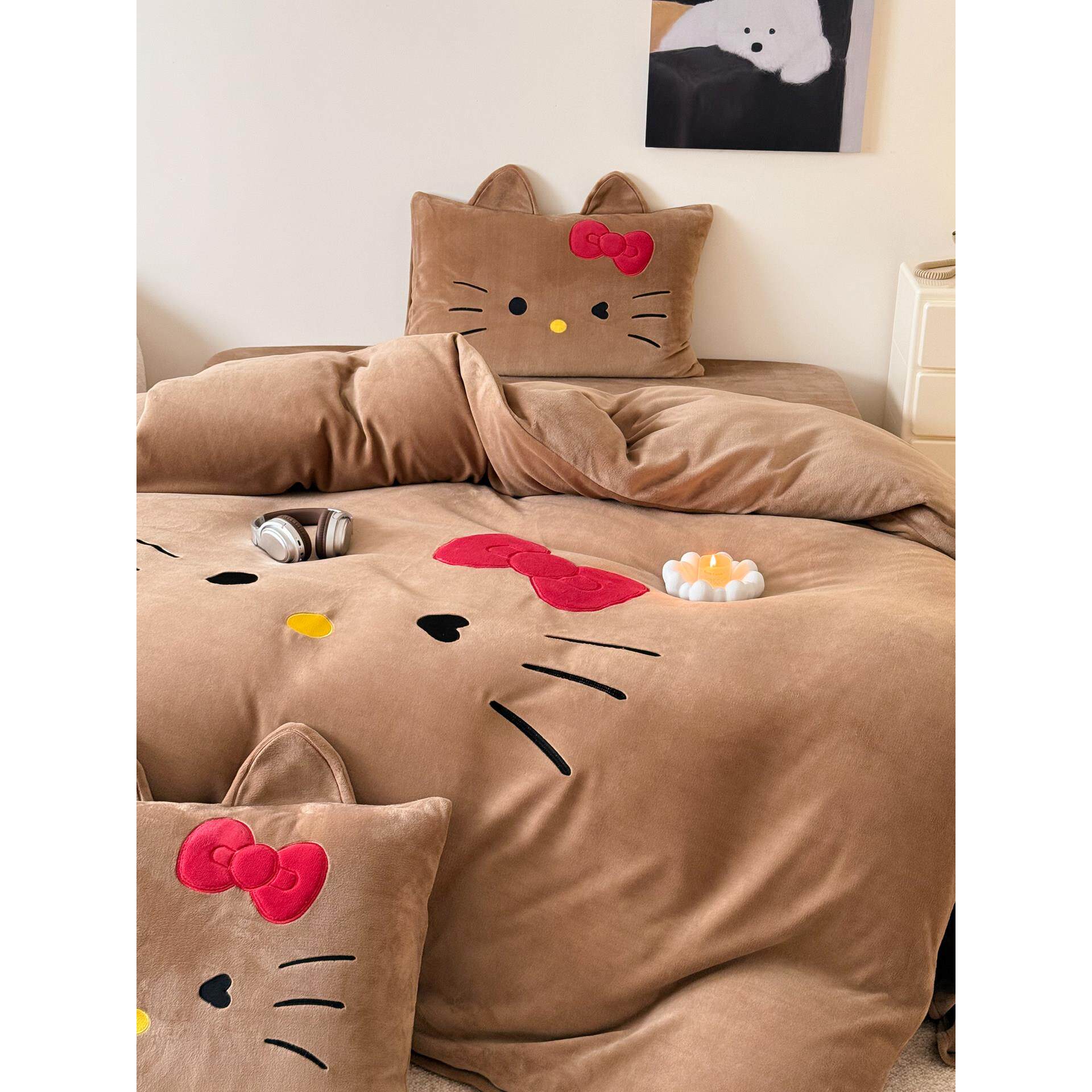 晚安猫奶呼猫呼黑皮猫套牛奶保暖四件卡通EFZ少女心双面绒床单床