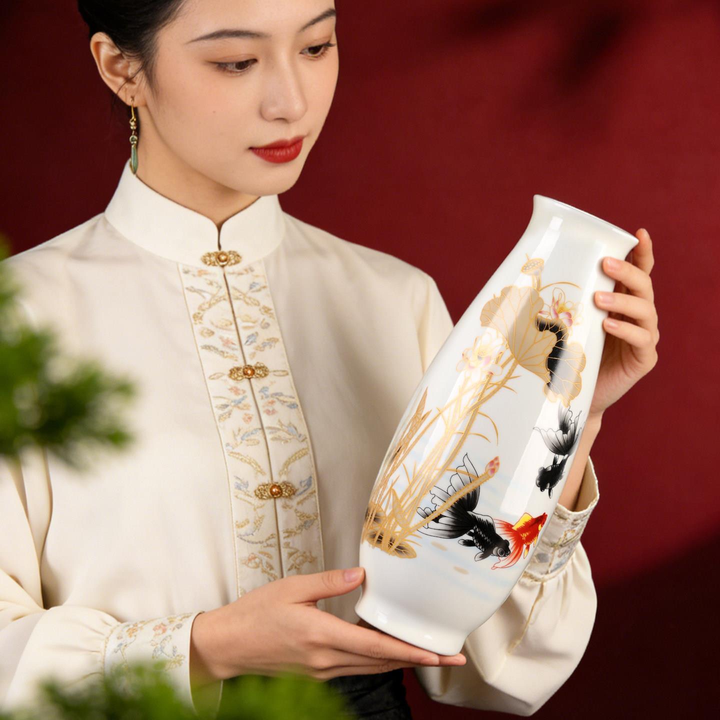 景镇陶260107金器花瓶家瓷居装客饰品摆件插德花三件套中式厅电视