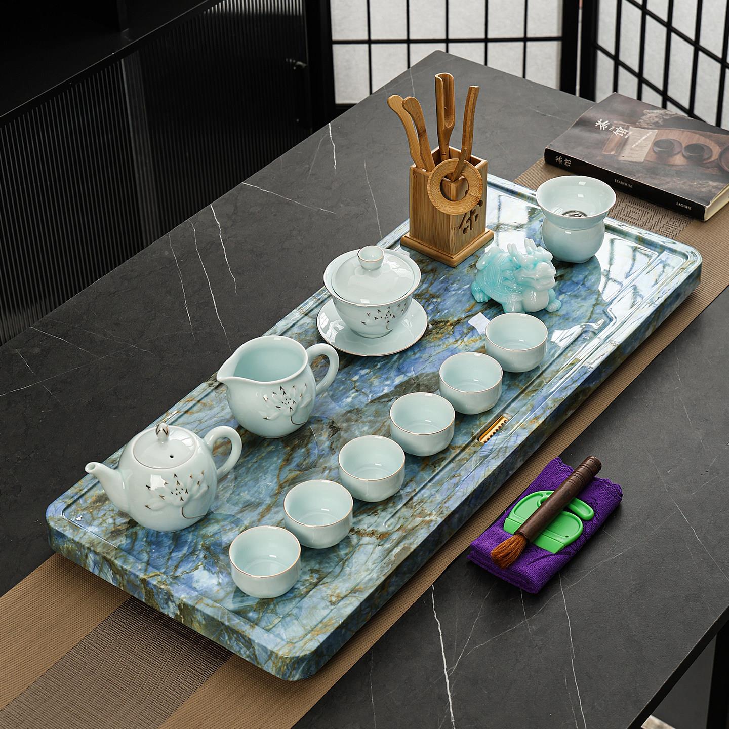奢0145石茶盘长方形排水式茶茶具套装简约茶奢办公家用天台然茶海