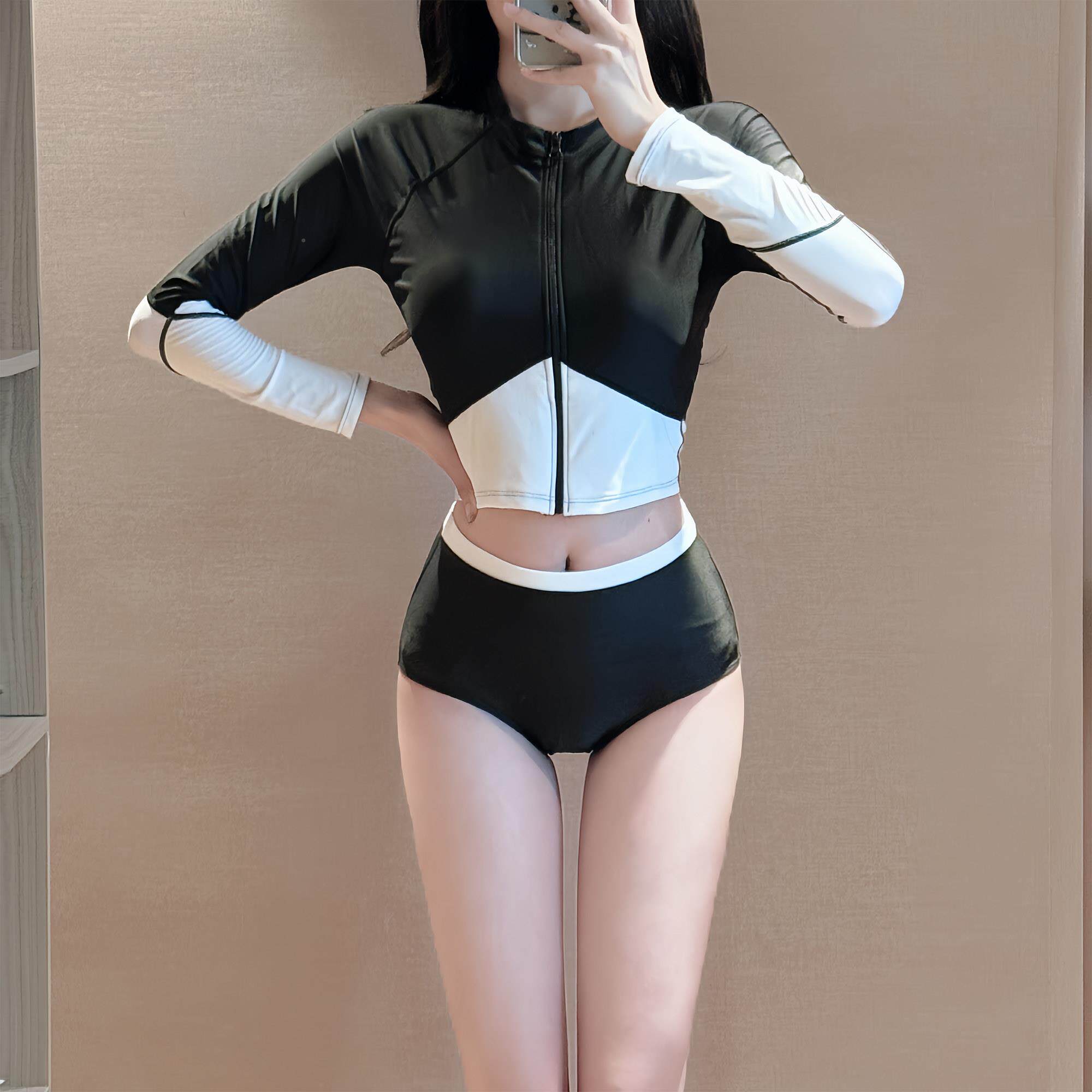 长袖拉炼拼简约两色件式泳衣女夏保守小胸腰高三海8841角冲浪浮潜