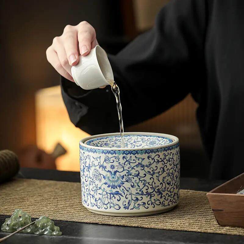 窑国风241126-0烟灰缸防飞灰缠枝莲茶茶洗陶茶瓷渣缸水盂杯汝洗家