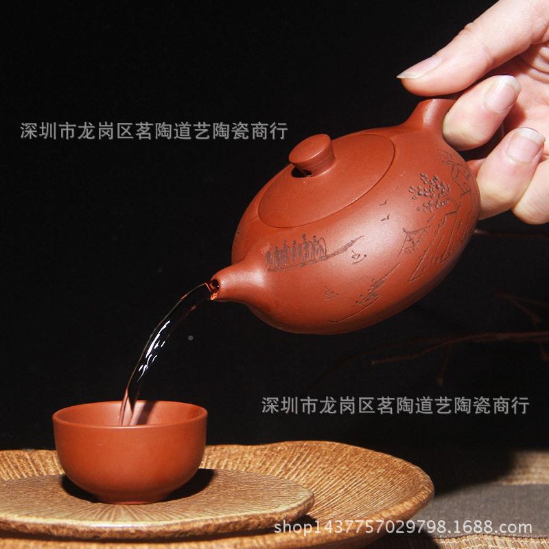 宜兴紫手砂茶陶瓷原矿仿古西刻施石瓢壶壶纯宜兴茶壶全工绘功夫茶