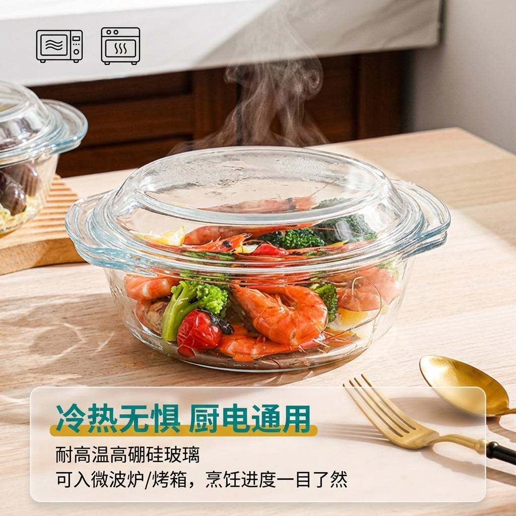 微波炉耐热玻璃碗热饭水晶煲带盖餐具烘焙碗家用泡面汤煲高颜值