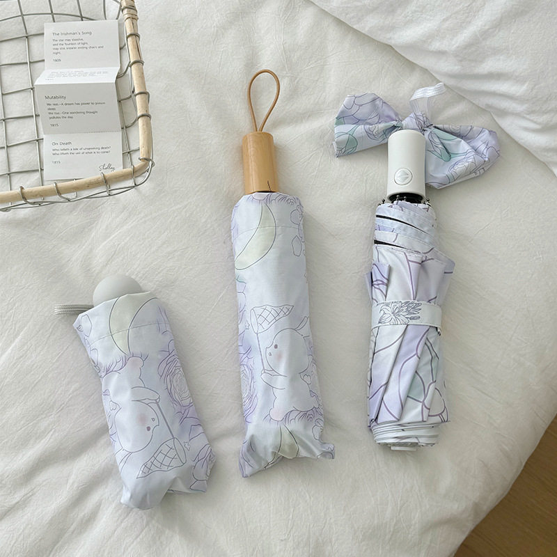 花丛兔子三折叠晴雨两用全自动伞五折小巧口袋胶囊伞防晒遮阳