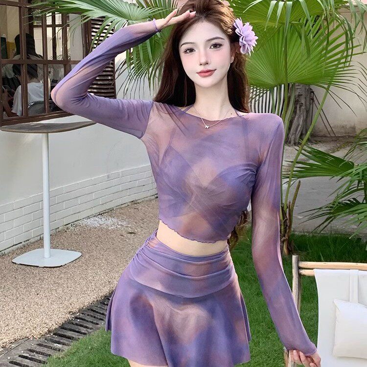 2025新款泳衣女性感紫色网纱比基尼透视包臀裙套装温泉显瘦度假