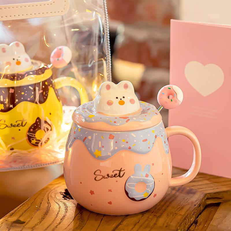 可爱甜甜圈马克杯带盖勺高颜值女生咖啡杯家用办公室陶瓷喝水杯子