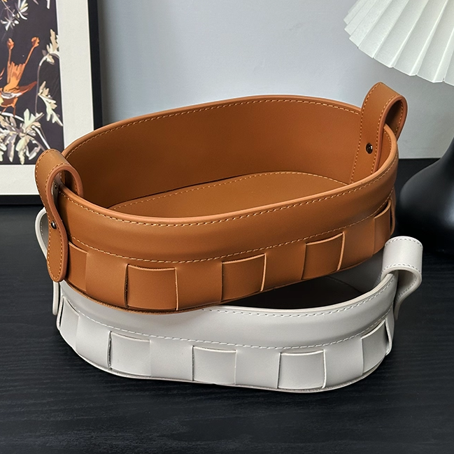 高级感桌面化妆品收纳盒高档编织皮质收纳筐玄关杂物护肤品整理盒