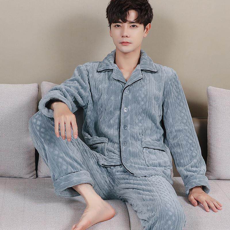 加厚珊瑚绒男士睡衣套装秋冬季长袖加绒加厚保暖法兰绒开衫家居服