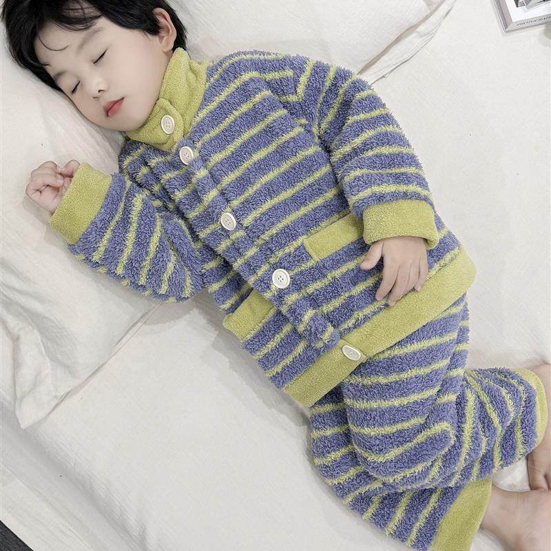 男童睡衣秋冬季法兰绒加厚珊瑚绒2025新款儿童家居服套装宝宝男孩