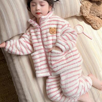 女童睡衣2025新款秋冬季珊瑚绒女宝儿童家居服套装加厚保暖冬款