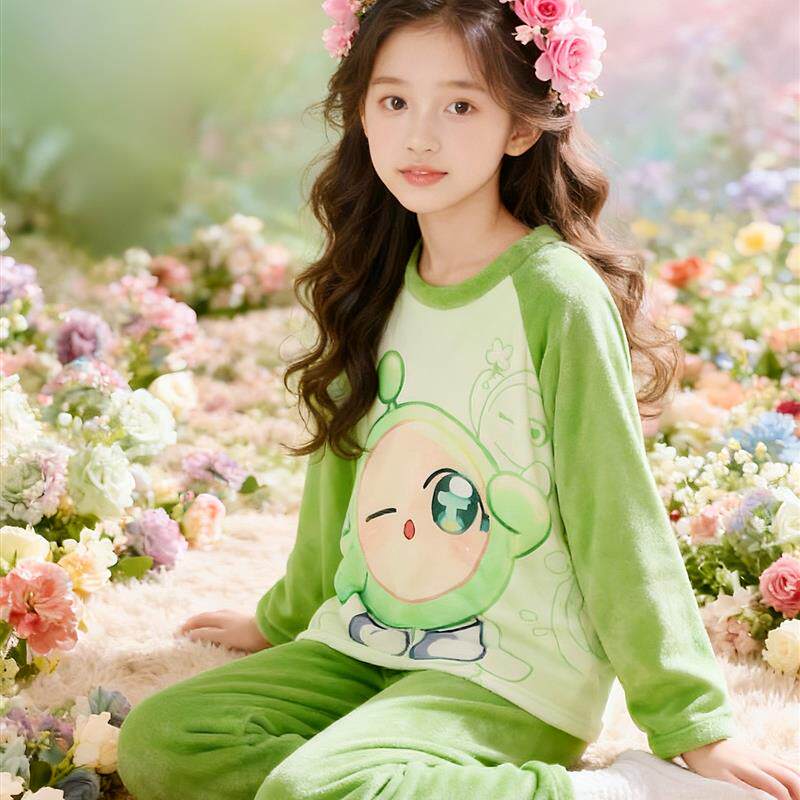 少女珊瑚绒家居服秋冬长袖圆领初中生中大童加厚保暖法兰绒睡衣女