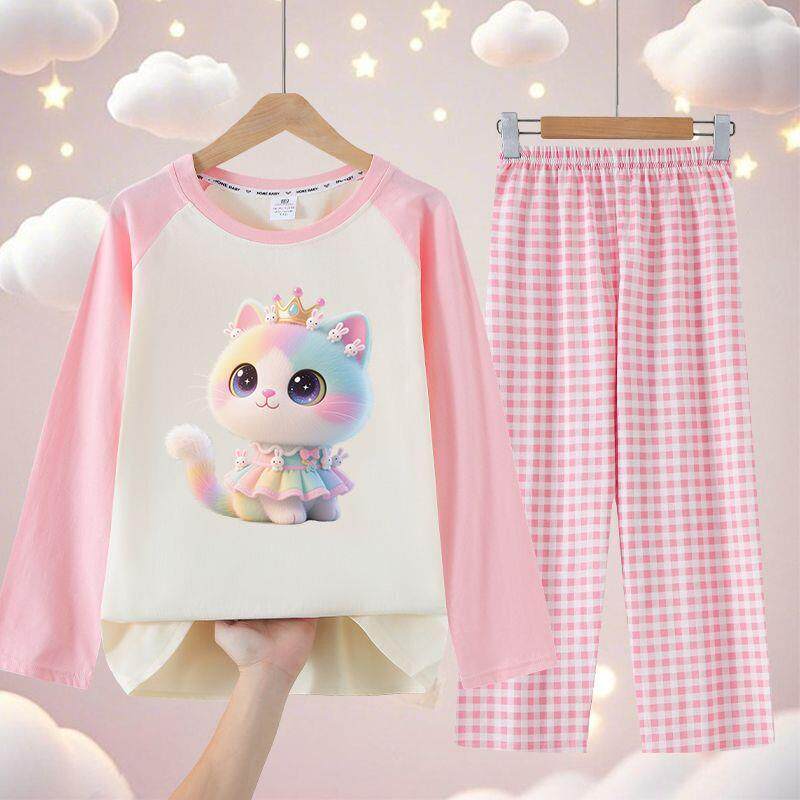 2025可爱猫咪纯棉儿童女童春秋睡衣长袖长裤套装中大童女孩家居服