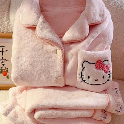 女童秋冬季卡通kt猫加厚保暖珊瑚绒开衫睡衣中大童法兰绒家居服