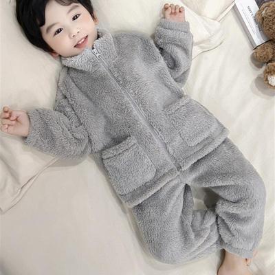 儿童睡衣男童珊瑚绒秋冬季法兰绒家居服小男孩宝宝加厚款连帽套装