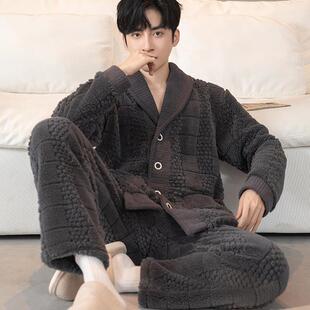格子提花翻领男士珊瑚绒睡衣冬季加绒加厚保暖法蓝绒秋冬季家居服