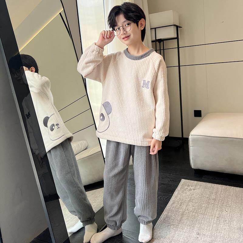 儿童装男童睡衣春秋冬款家居服加绒冬季大童加厚珊瑚绒男孩法兰绒