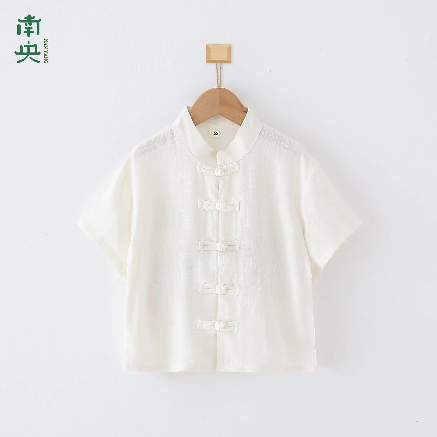 中国风改良汉服男童白色上衣内搭儿童唐装短袖衬衫男孩新中式夏季