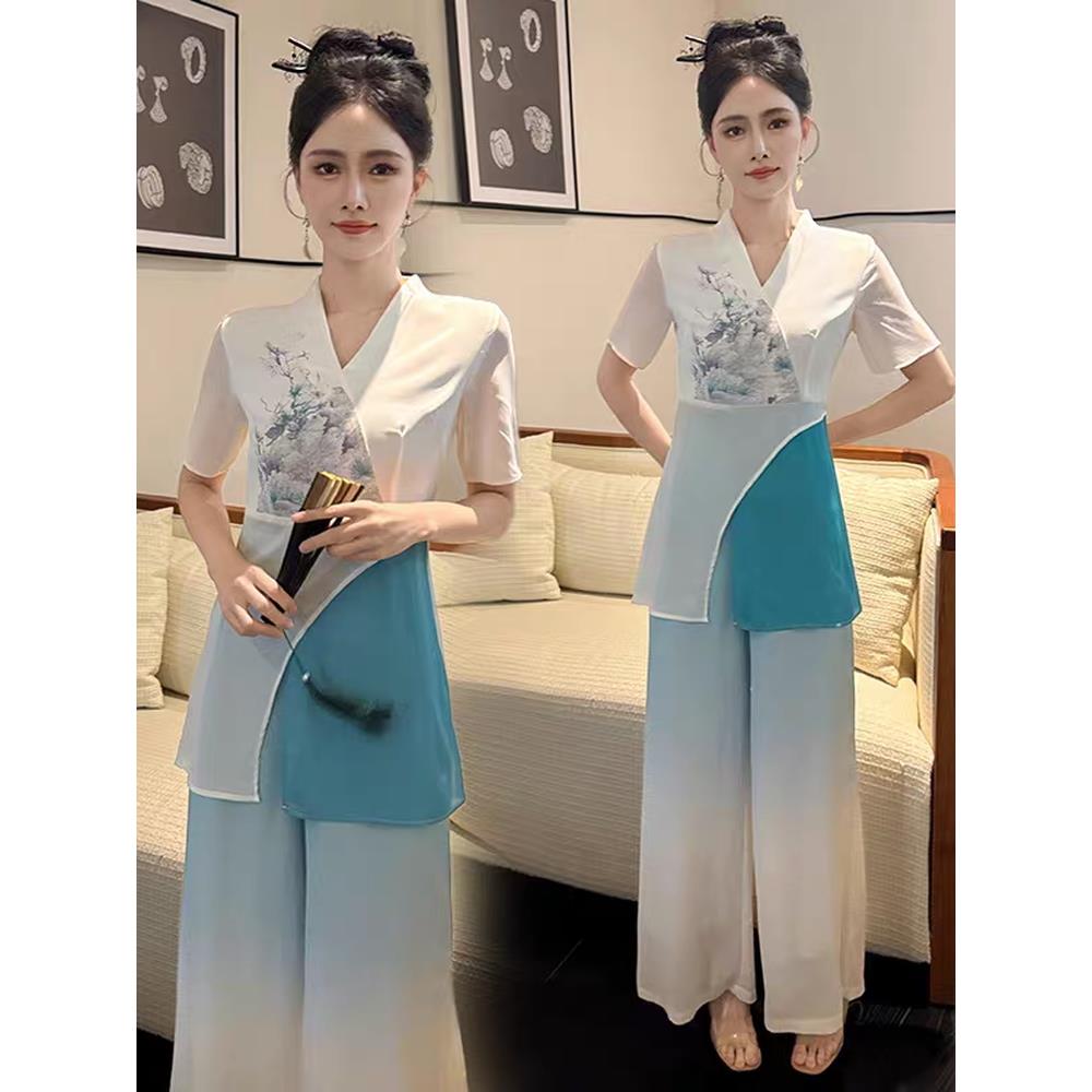 新款茶艺师服装养生采耳足浴技师工作服中式覆古改良旗袍长裤套装