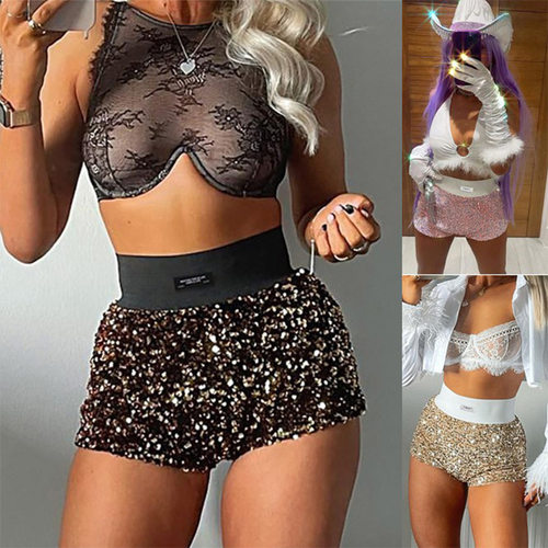High waisted slim fitting sequin shorts 高腰修身亮片超短裤女
