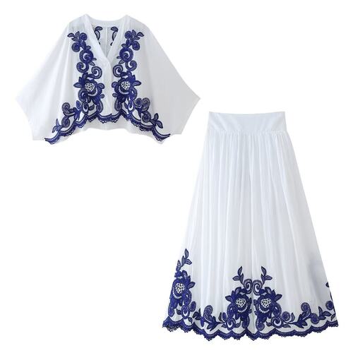 Embroidered shirt half skirt two-piece set衬衫半身裙两件套女