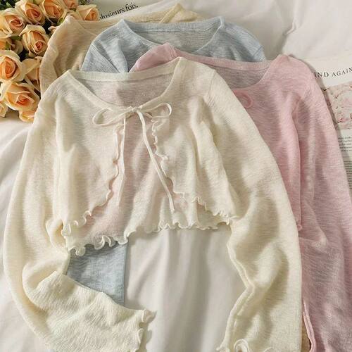 Long sleeved sun protection shirt tie up top防晒衫系带上衣女