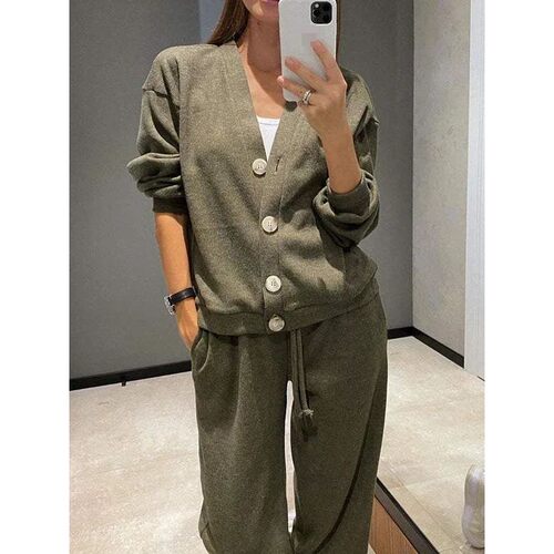 Two piece set of cardigan top tied rope pant上衣长裤两件套装