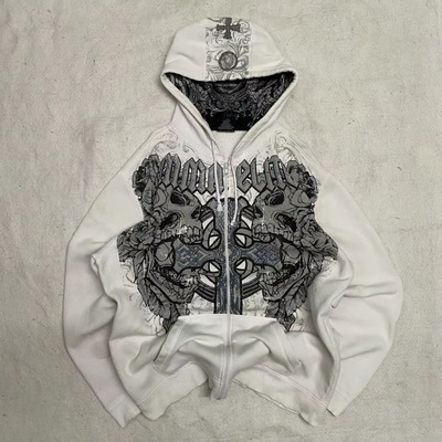 复古印花拉链连帽卫衣Retro printed zipper hooded sweatshirt