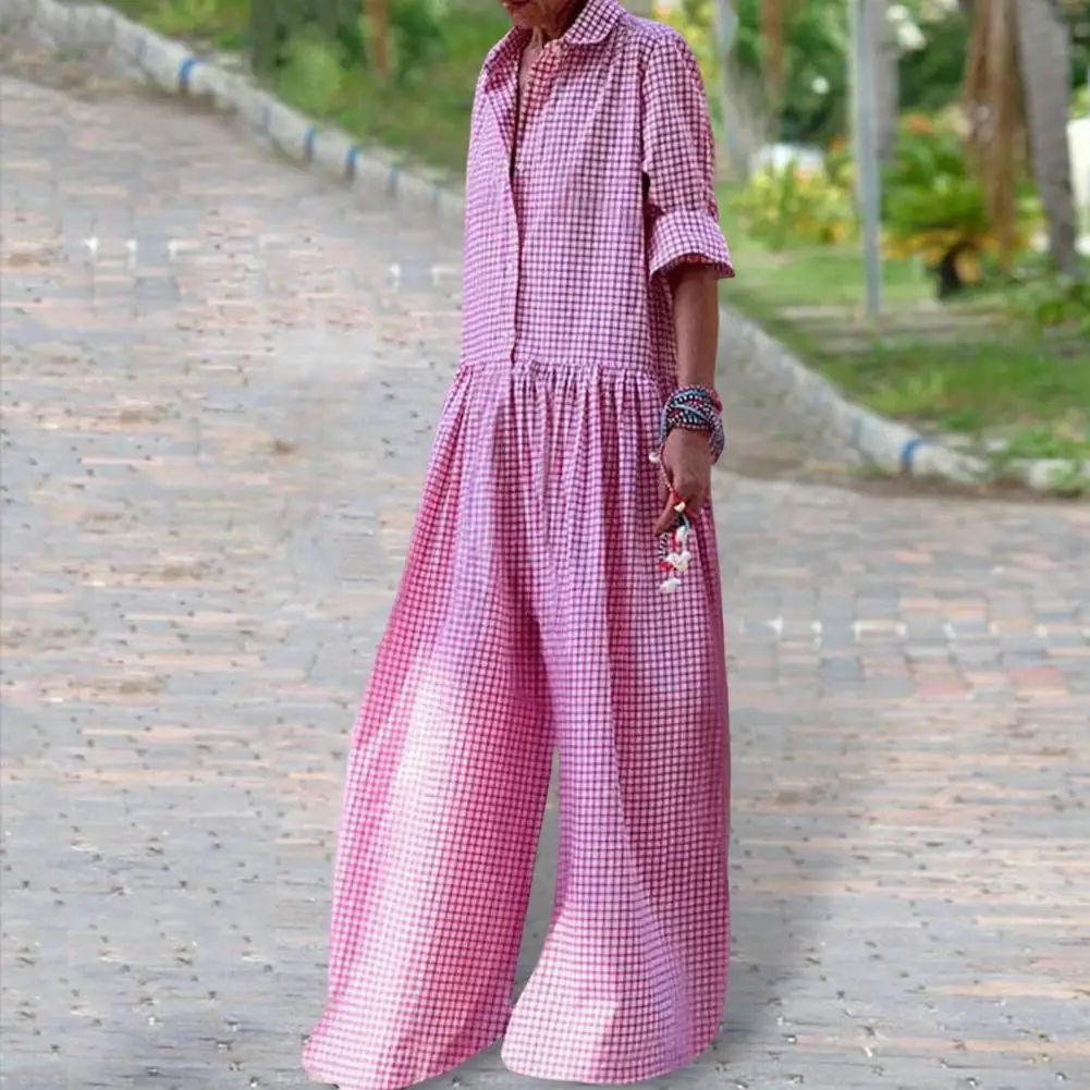 Long sleeved plaid lapel jumpsuit women 长袖格子翻领连体裤女