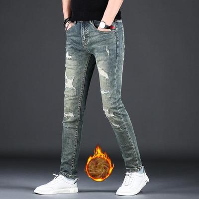 男士加绒牛仔男复古长裤