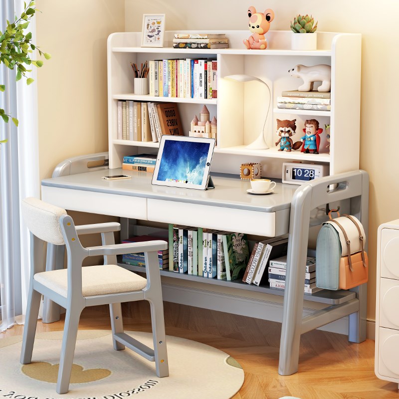 实木书桌书架一体中小学生家用学习桌可升降台式电脑桌卧室写字桌