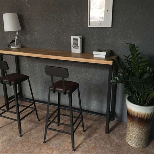 速发美奶铁艺实木家用吧台桌条式茶店靠墙长椅酒吧桌方形高脚桌椅