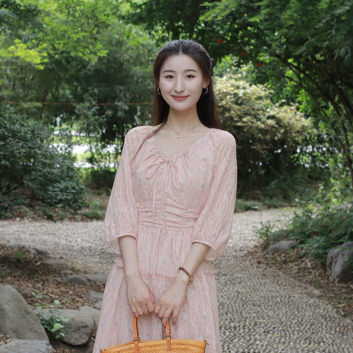PATENA深v领高质感裙子夏季新款法式长裙收腰显瘦印花高端连衣裙
