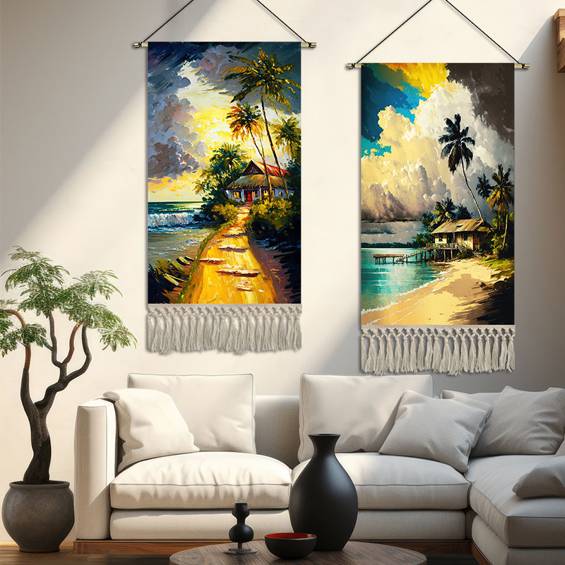速发热带海滨风景挂画布艺走廊玄关油画挂布入户装饰画酒店大厅挂